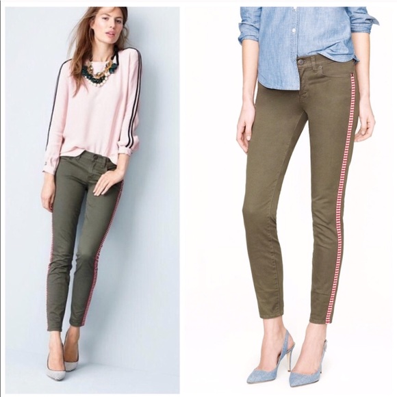 J.Crew 26 toothpick fatigue jeans tux stripe ankle olive green steampunk - Picture 1 of 8